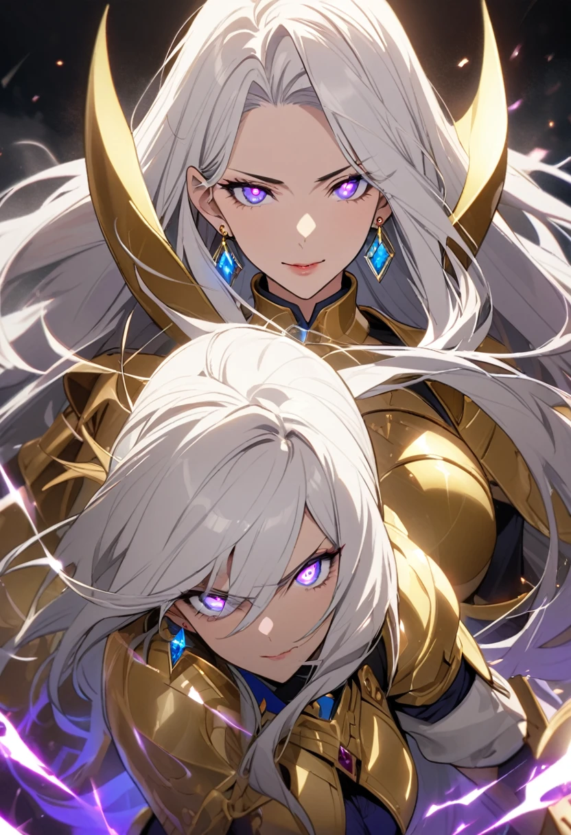 woman, blue eyes, long hair, white hair, mature, god eyes, diamond earings, glowing right eyes, two colors eyes, purple eyes, golden armor, cool face