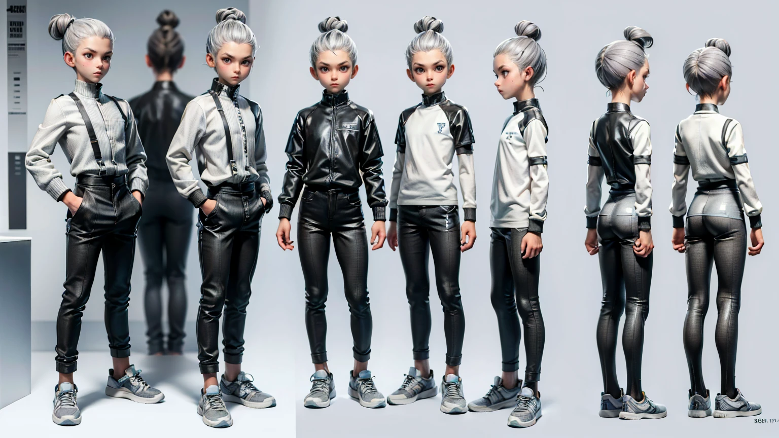 cute face boy, cute face, short height boy, wearing casual futuristic grey color pent, full standing pose, Bun Fade hairs, Bun Fade style hairs, white hair, sports shoes, Character Sheet, 12 yo student, Full body, Simple white background, front pose character reference sheet, Concept art, design sheet