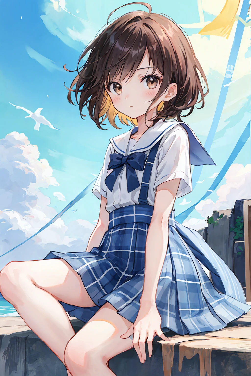 (child)，Highest quality，Beautiful face in every detail，cute，Dark brown eyes，(背の低いcute女の子，Little young student，Young and delicate girl）,（masterpiece，Highest quality)，Black Hair，Embarrassing，blush，Short sleeve white shirt，Plaid white skirt，Pathetic，Pathetic，Pathetic，Anatomically correct，beautifully shaped feet，Shortcuts，Look straight ahead
