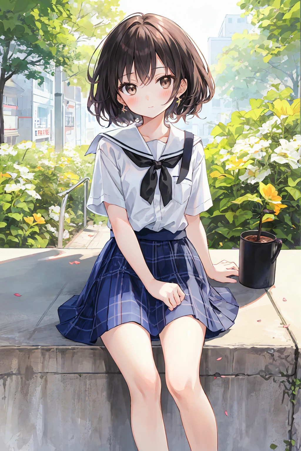 (child),Highest quality,Beautiful face in every detail,cute,Dark brown eyes,(背の低いcute女の子,Little young student,Young and delicate girl),(masterpiece,Highest quality),Black Hair,Embarrassing,blush,Short sleeve white shirt,Plaid white skirt,Pathetic,Pathetic,Pathetic,Anatomically correct,beautifully shaped feet,Shortcuts,Look straight ahead