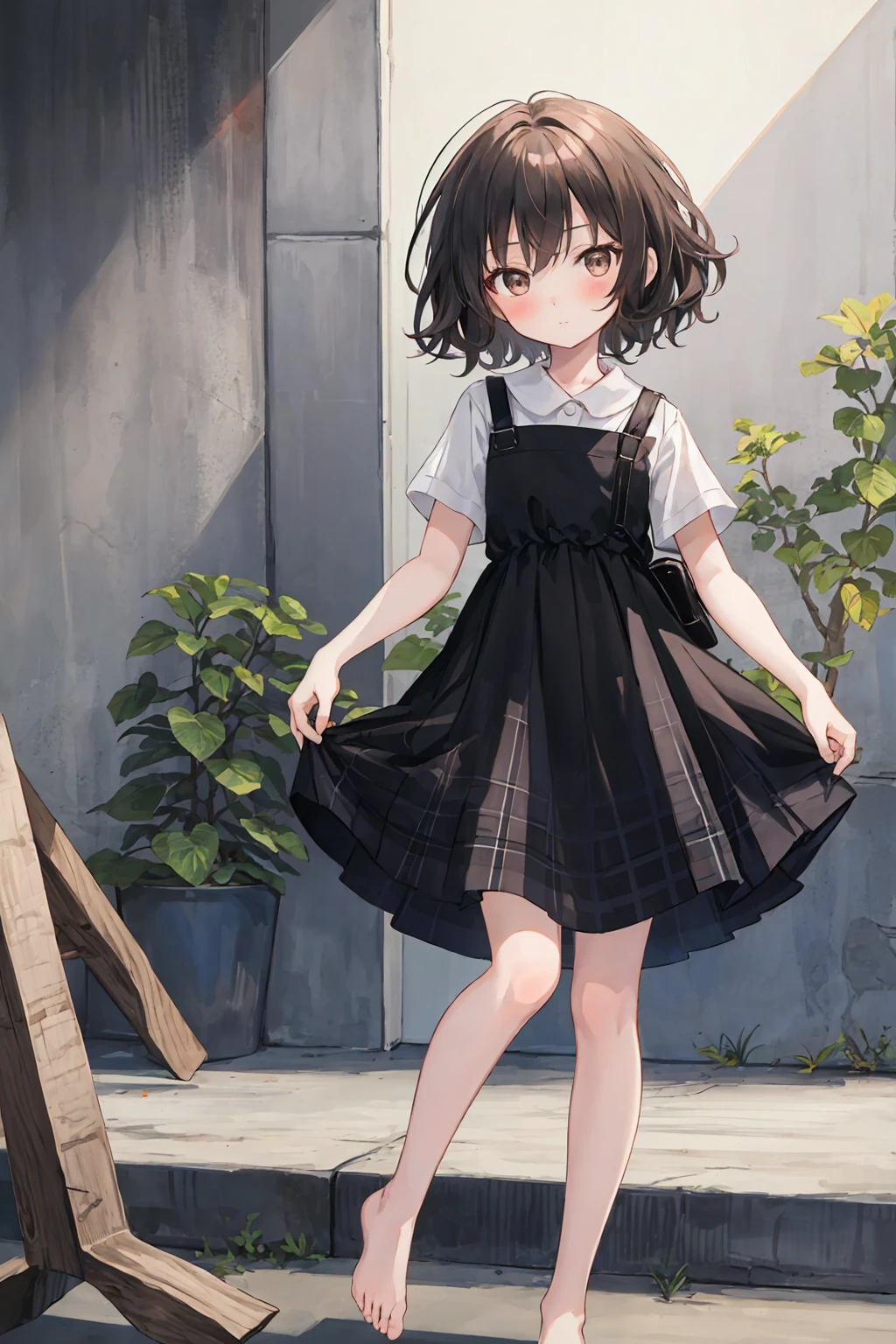 (child)，Highest quality，Beautiful face in every detail，cute，Dark brown eyes，(背の低いcute女の子，Little young student，Young and delicate girl）,（masterpiece，Highest quality)，Black Hair，Embarrassing，blush，Short sleeve white shirt，Plaid white skirt，Pathetic，Pathetic，Pathetic，Anatomically correct，beautifully shaped feet，Shortcuts，Look straight ahead