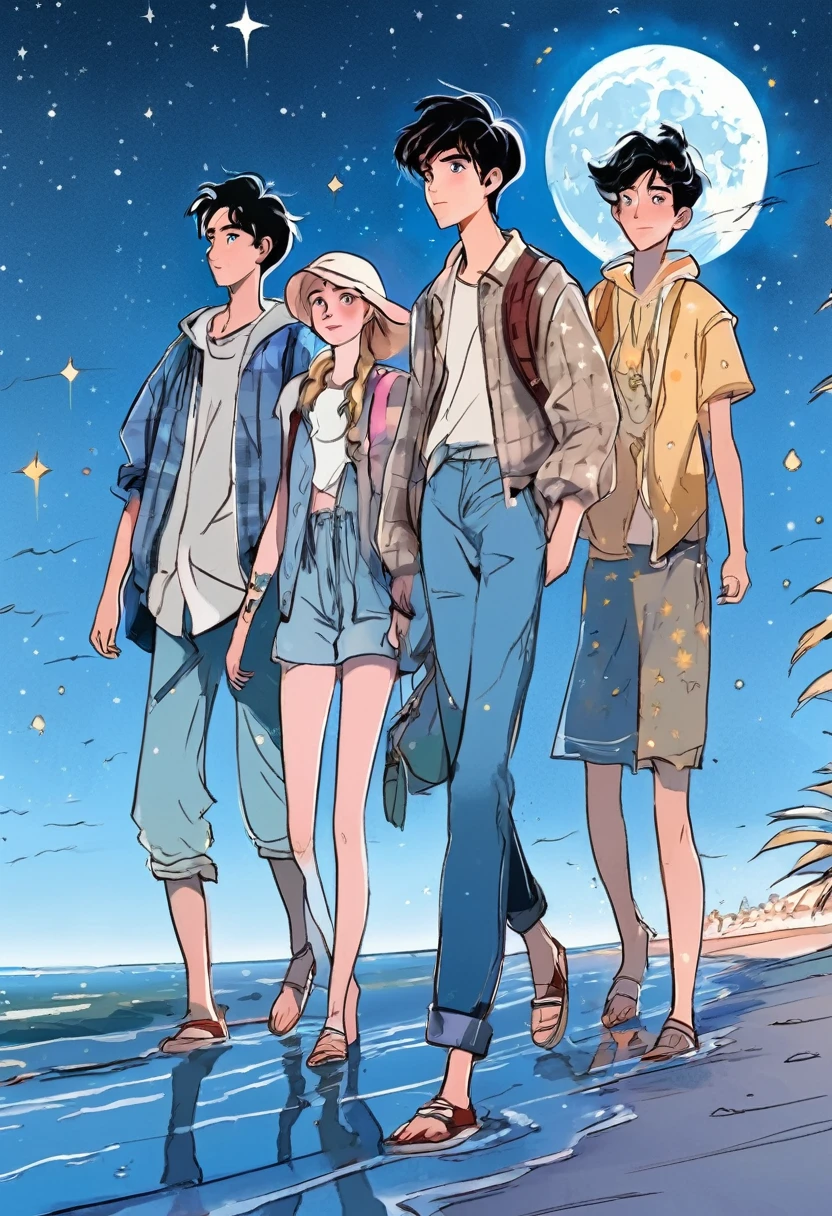 a group of teenagers were walking on the beach at night with moon and stars. manga style, digital art, by Marshall Arisman, cover illustration, 70mm, 7 0 mm, 70 mm, book cover illustration, by Brigette Barrager, album cover, novel cover art for a book, art concept for a book cover, cover art, 7 feet tall,