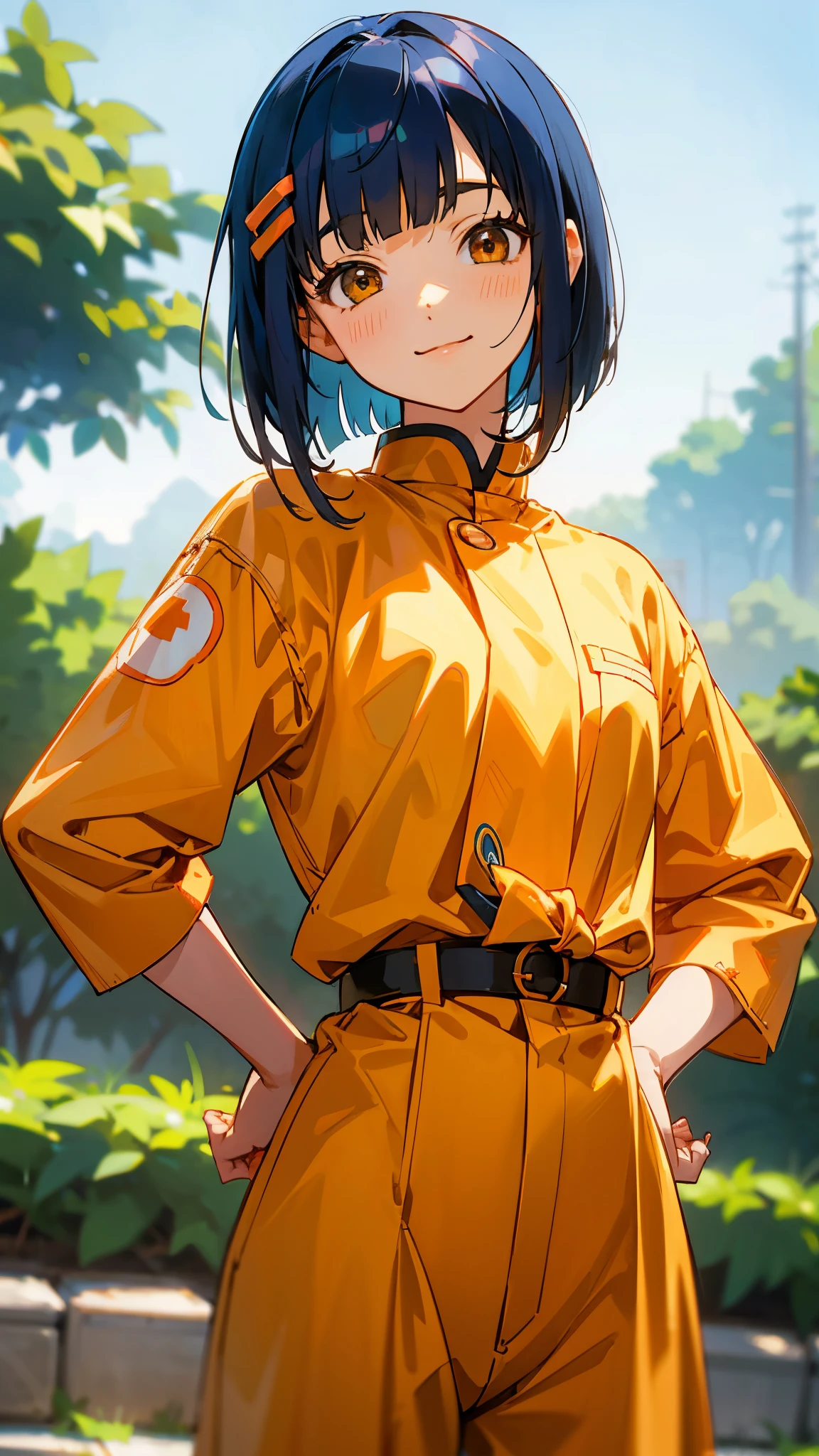 1 girl、Anime Images、shrimp、Shiny dark blue hair、Short Bob Hairstyles、Tie your hair with an orange hair clip、Beautiful brown eyes、smile、Upper body close-up、Stand with hands on hips、garden、Sharp contours、Background Blur、Written boundary depth