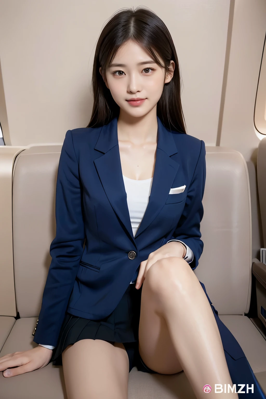 (8k), (highest quality: 1.2), (Realistic), (Realistic: 1.37), Ultra-high resolution, (1 girl), cute, blush,Embarrassed smile, Beautiful details, Beautiful Nose, silky straight Hair, Giant Dulcefo, pork, Thighs,Self Snap,University Uniforms,(A simple dark blue blazer:1.4),(Pleated skirt:1.2),(Sitting:1), Sit on the plane,(Hold my feet:1),(Shiny 太い legs:1.2),from the front,knees