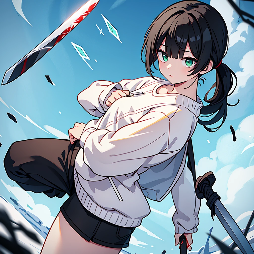 a lonely boy... black hair... with bangs and a short ponytail... pastel green eyes... sleepy and serene look... snow white skin... unreal beauty... With a card with a heart in his right hand... And on the left with a knife with blood... The boy is dressed in a white sweater with blood stains... Shorts showing her thighs... Butt a little big... Male gender...