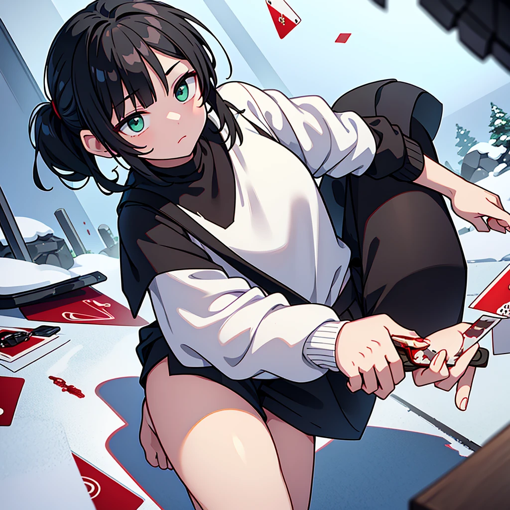 a lonely boy... black hair... with bangs and a short ponytail... pastel green eyes... sleepy and serene look... snow white skin... unreal beauty... With a card with a heart in his right hand... And on the left with a knife with blood... The boy is dressed in a white sweater with blood stains... Shorts showing her thighs... Butt a little big... Male gender...