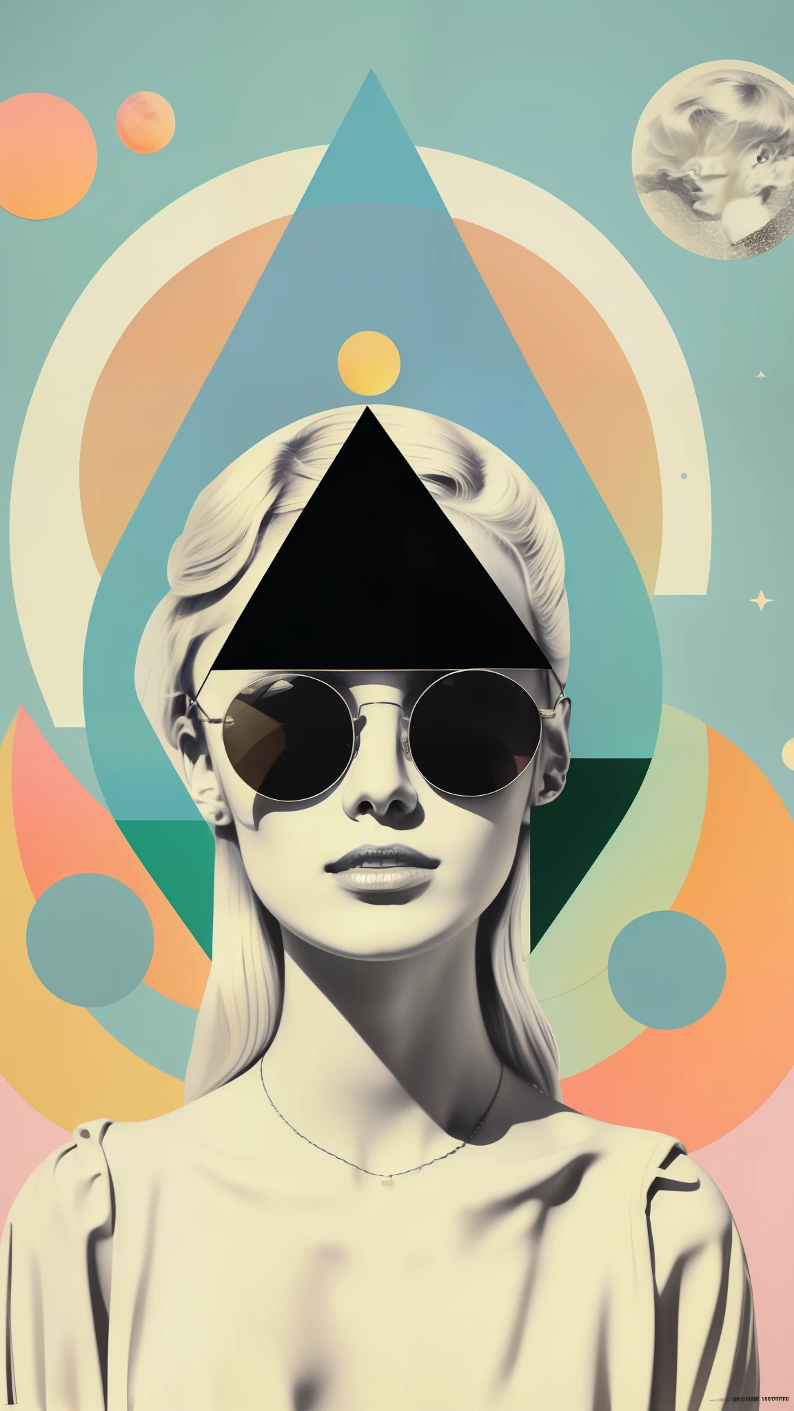 There is a triangle and a crescent moon above his head.、One blonde European woman wearing sunglasses with green circles on light blue background