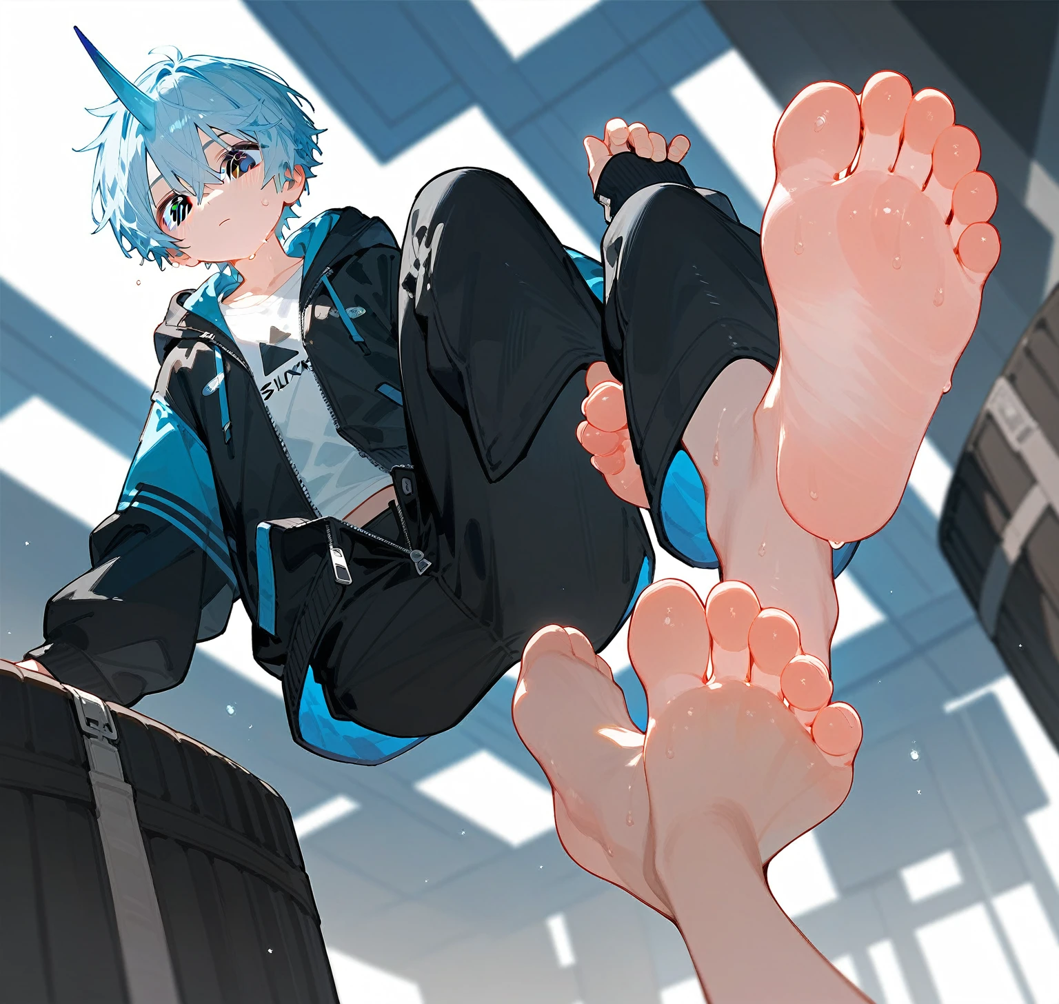 A cute boy showing his stinky feet low angle，barefoot，Sole，Sweating on the soles of the feet，Foot Focus，White T-shirt，Wearing a white and black hoodie jacket，Unzipped hoodie jacket，Bangs between the eyes，short hair，Light blue hair，Black trousers，Anatomically correct, There is a single short blue horn in the middle of the head.，Black eyes，Look at the audience