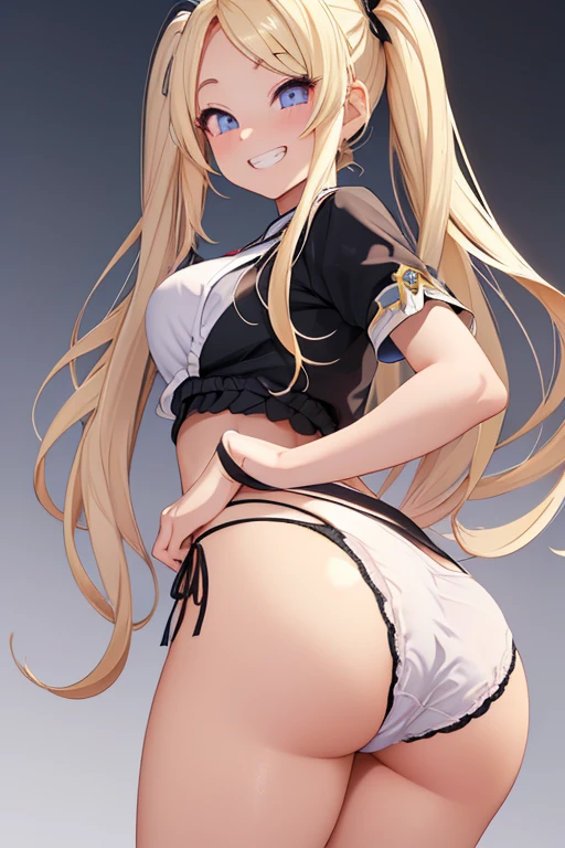 Realistic、1house wife、blonde hair、twin tail、(eye focus:1.3,face focus),(Gradient eyes:1.3),(sexy panties
)、open mouth,(grin:1.3),forehead,cute face、((Big Ass)),((後ろから振り返った姿))