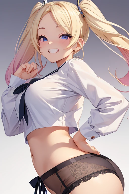 Realistic、1house wife、blonde hair、twin tail、(eye focus:1.3,face focus),(Gradient eyes:1.3),(sexy panties
)、open mouth,(grin:1.3),forehead,cute face、((Big Ass)),((後ろから振り返った姿))