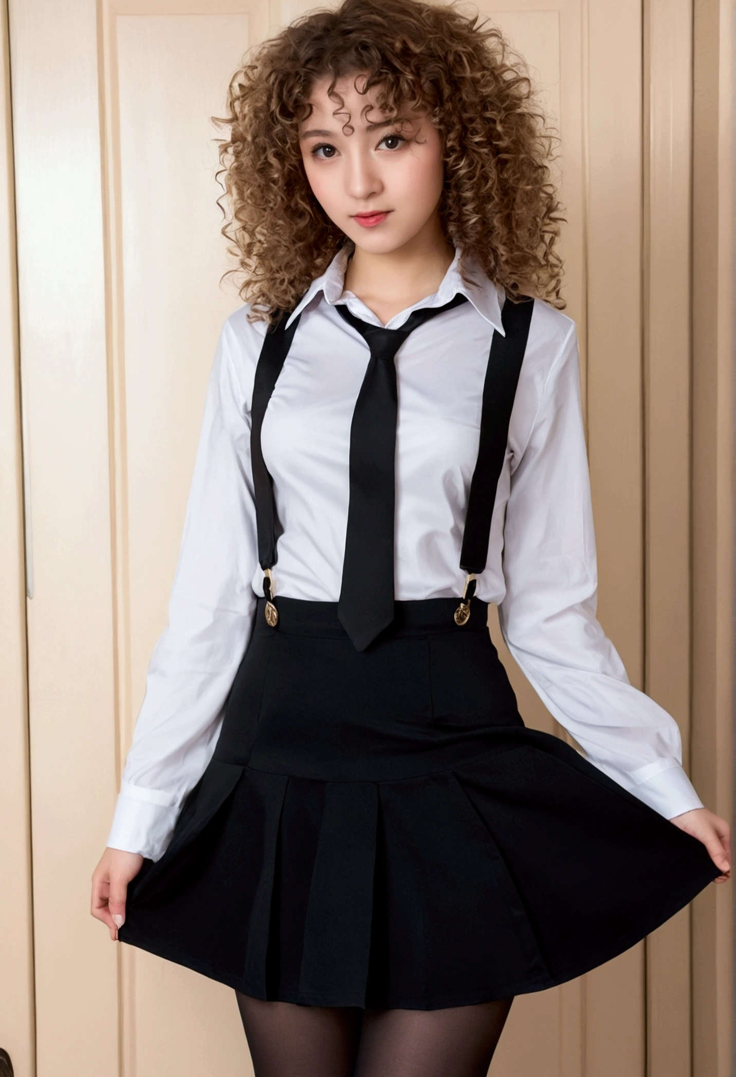 20 year old girl curly hair short skirt high stockings and shirt with low neckline