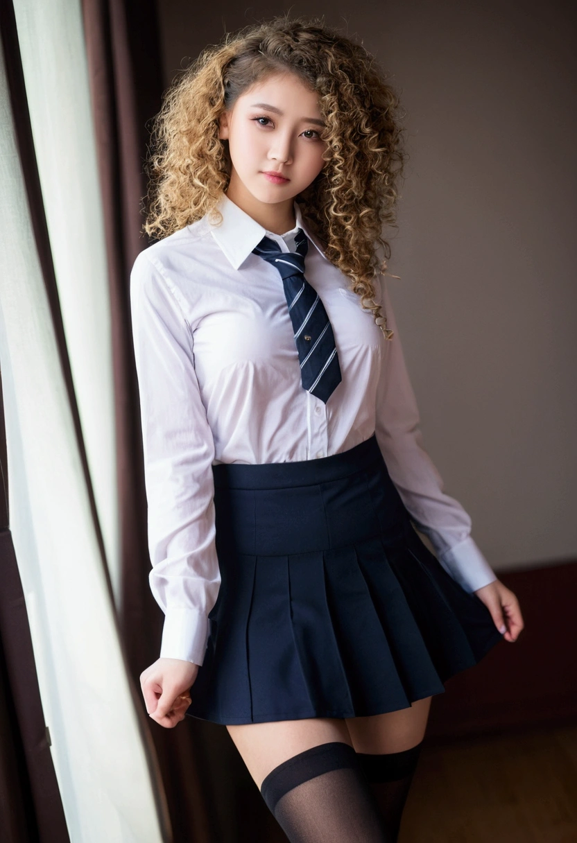 20 year old girl curly hair short skirt high stockings and shirt with low neckline