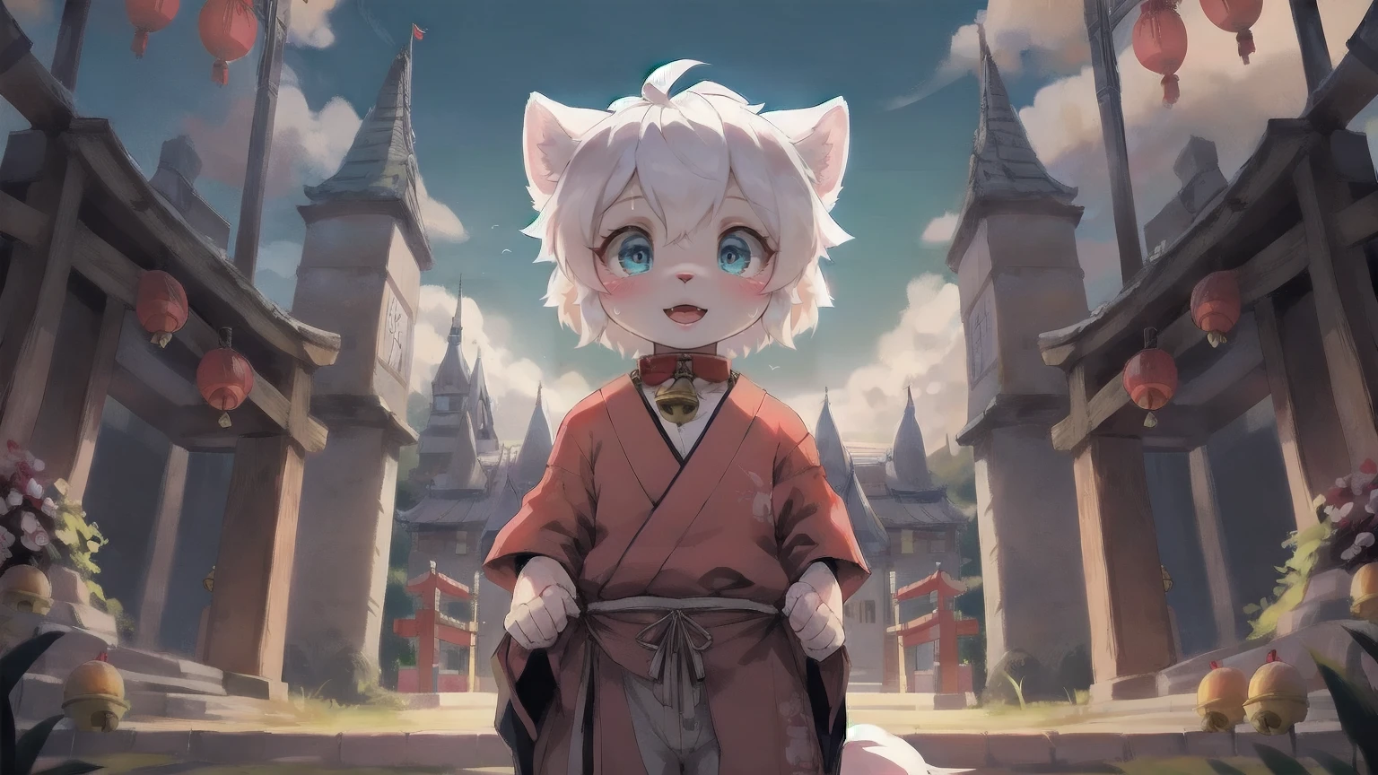 White Wolf,Shota,male,Milky white fur,White hair sky blue eyes,shrine,Japanese ritual clothing,Bright Eyes, panoramic, character focus. Detailed background, eat, outdoor, Castle in the Sky, (Bells, Collar, Loose clothing: 1.2)