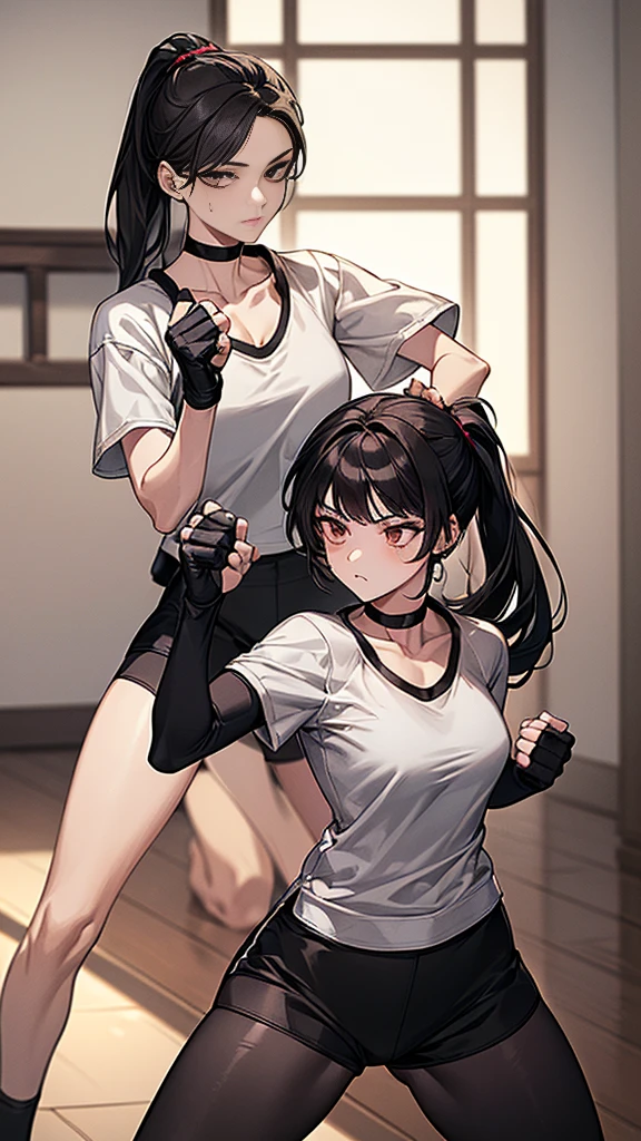 ((Highest quality)), ((masterpiece)), (detailed) {{{Slender female martial arts instructor}}} Shorts {{Décolletage}} {{White short-sleeved T-shirt with long length}} Mature Woman ((Combat Stance)) Long fingerless gloves Black tights {{Inside the dojo}} Black Hair Long-haired ponytail ((Leggings with integrated shorts)) clavicle choker