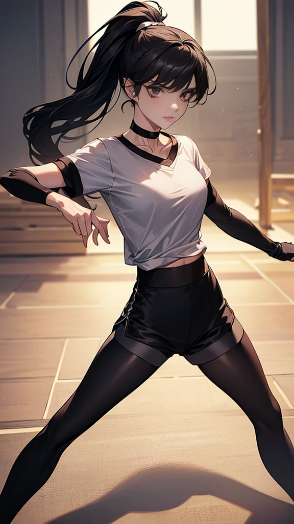 ((Highest quality)), ((masterpiece)), (detailed) {{{Slender female martial arts instructor}}} Shorts {{Décolletage}} {{White short-sleeved T-shirt with long length}} Mature Woman ((Combat Stance)) Long fingerless gloves Black tights {{Inside the dojo}} Black Hair Long-haired ponytail ((Leggings with integrated shorts)) clavicle choker