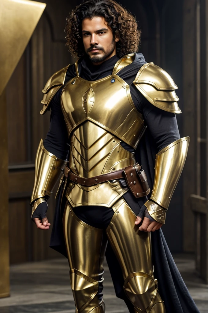Jacen Alerian is a tall (6’7) and very muscular man. Though his Alerian genes give him the appearance of someone in their early to mid-30s, while alien he resembles a caucasian. Jacen wears a white and gold form-fitting bodysuit that covers him from neck to toe it's made out some unknown material that makes it feel like string armor despite feeling soft and weights lightly, gold armored fingerless gloves, and armored gold boots. large shoulder and hip guards, he has a thick horeshore mustache, and a short, curly hairstyle. His hair is kept fairly close-cropped, allowing the natural curls to give it texture and volume.