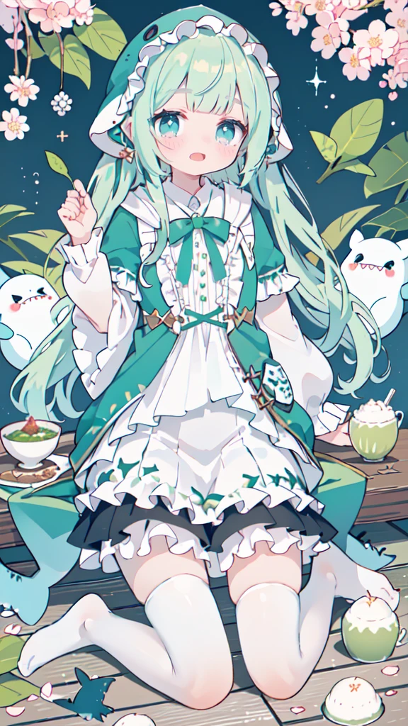 idol, yuri, bishoujo,masterpiece,best quality,official art,extremely detailed CG unity 8k wallpaper, ((Shark-shaped matcha green hood,hoodie,zipper)),light cherry blossom powder long hair, blunt bangs, nose blush , embarrassed , shy, aqua eyes, beautiful detailed eyes, (crying with eyes open1.3), aqua eyes, narrowed eyes,shark Deep Matcha Green hood ,lace-trimmed legwear, white legwear, ((frilled white Silk Stockings)),((no shoes)),((top-down_bottom-up))(Sitting on the ground crying1.3)wariza