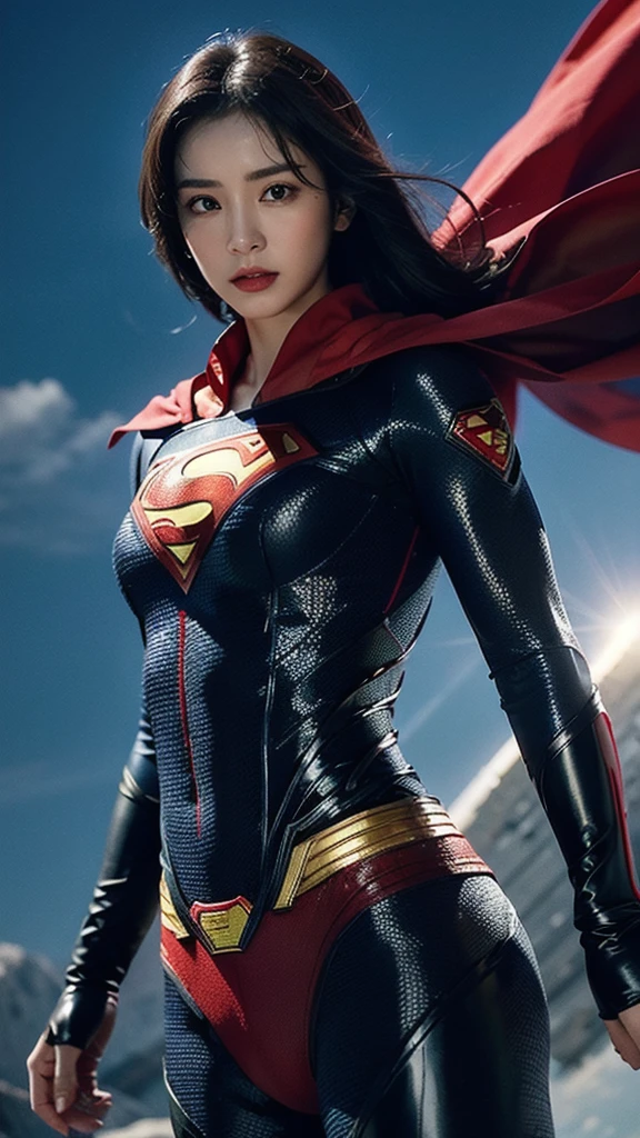 Woman wearing detailed SuperMan costume with full sleeves covering the entire body, short black hair, serious face, (flying in sky), vivid colors, dramatic lighting, red cape, cinematic costume, carbon fiber detailed suit,
