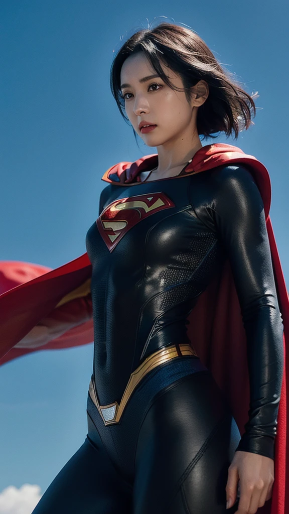 Woman wearing detailed SuperMan costume with full sleeves covering the entire body, short black hair, serious face, (flying in sky), vivid colors, dramatic lighting, red cape, cinematic costume, carbon fiber detailed suit,