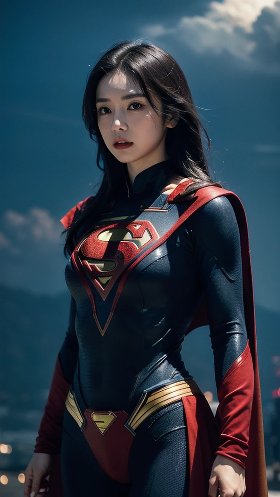 Woman wearing detailed SuperMan costume with full sleeves covering the entire body, short black hair, serious face, (flying in sky), vivid colors, dramatic lighting, red cape, cinematic costume, carbon fiber detailed suit,