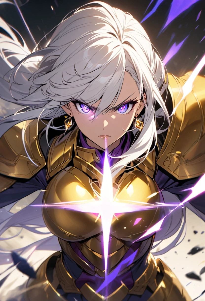 woman, blue eyes, long hair, white hair, mature, god eyes, diamond earings, glowing right eyes, two colors eyes, purple eyes, golden armor, determination