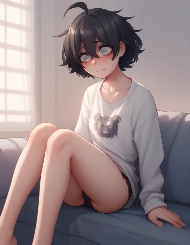 1 girl, alone, ppka, black hair, short hair, messy hair, Ahoge, parts, grey eyes, sexy look, parts, parts en todo el cuerpo ciego, underwear, big shirt, black panties, very nervous, blushing, sitting,
Super detailed,
