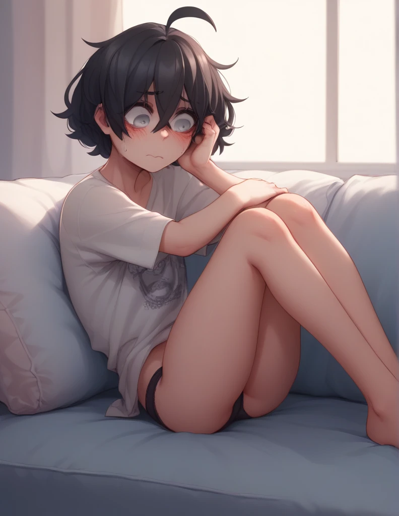 1 girl, alone, ppka, black hair, short hair, messy hair, Ahoge, parts, grey eyes, sexy look, parts, parts en todo el cuerpo ciego, underwear, big shirt, black panties, very nervous, blushing, sitting,
Super detailed, 