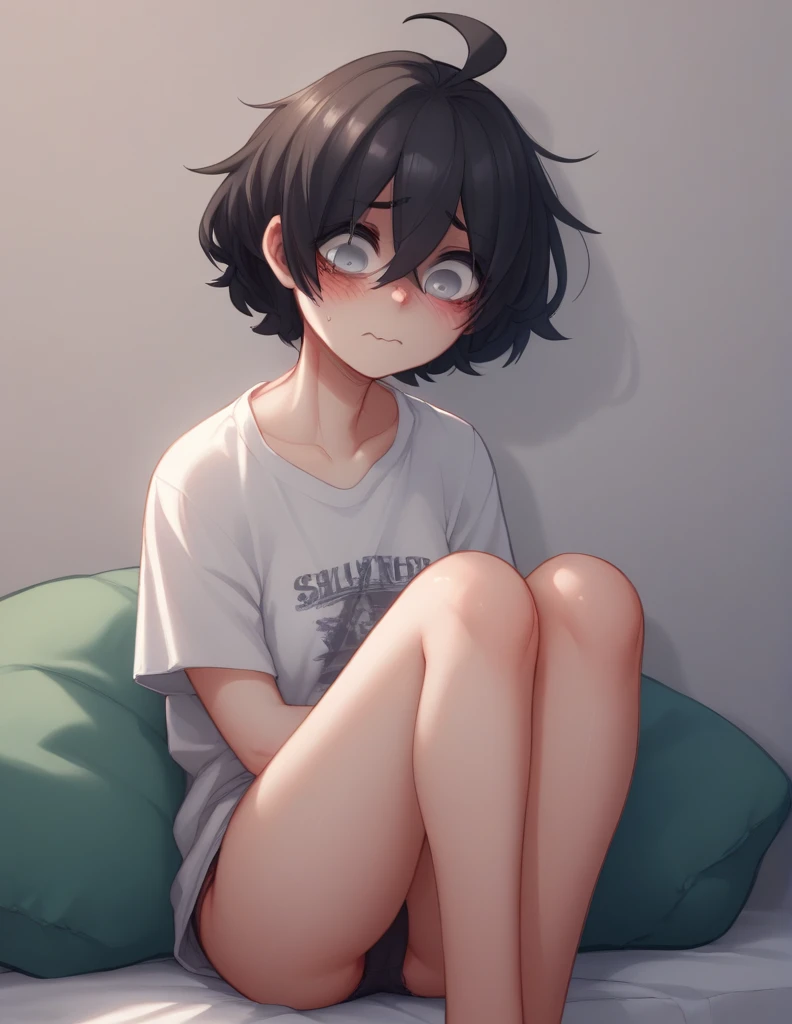 1 girl, alone, ppka, black hair, short hair, messy hair, Ahoge, parts, grey eyes, sexy look, parts, parts en todo el cuerpo ciego, underwear, big shirt, black panties, very nervous, blushing, sitting,
Super detailed, 