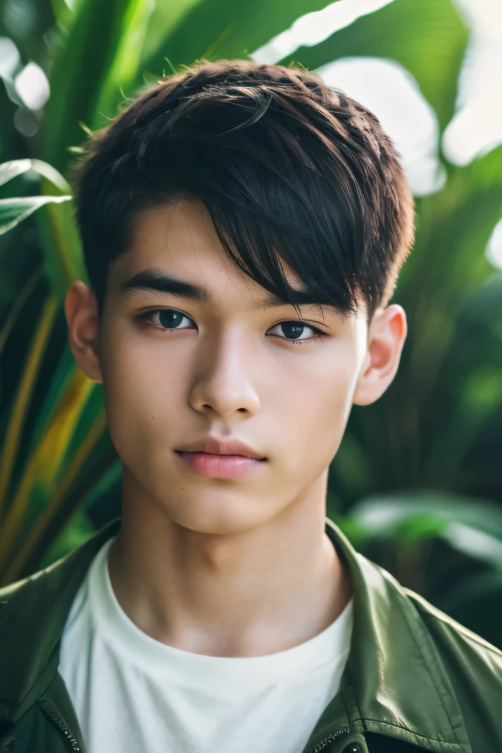 Highest quality, masterpiece, Ultra-high resolution, (Realistic: 1.4), Original photo, wallpaper, Head Photo, skin, Simple Background, Iris, detailed, Selfie, 1 boy, 18-year-old, good looking, Wind,jungle