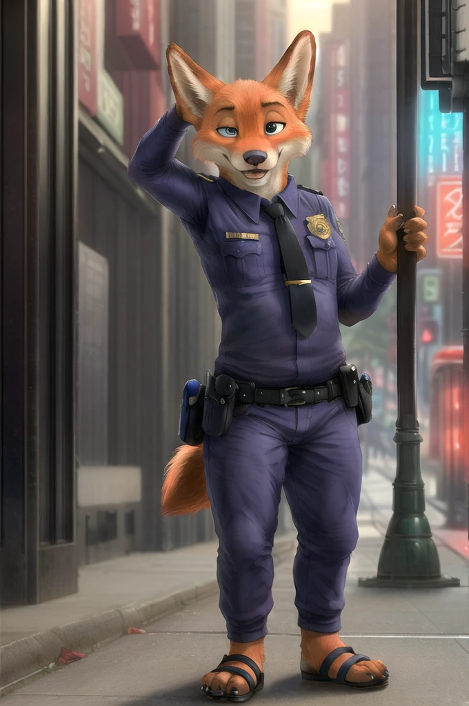 (energetic, by honovy, от zenthetiger, from Sausch), Nick Wilde, (female, big breast), fox, One, introducing, safe, dressed, breast, green eyes, police uniform,sandals with heels, standing, city, street, Tokyo, Akihabara, neon,day