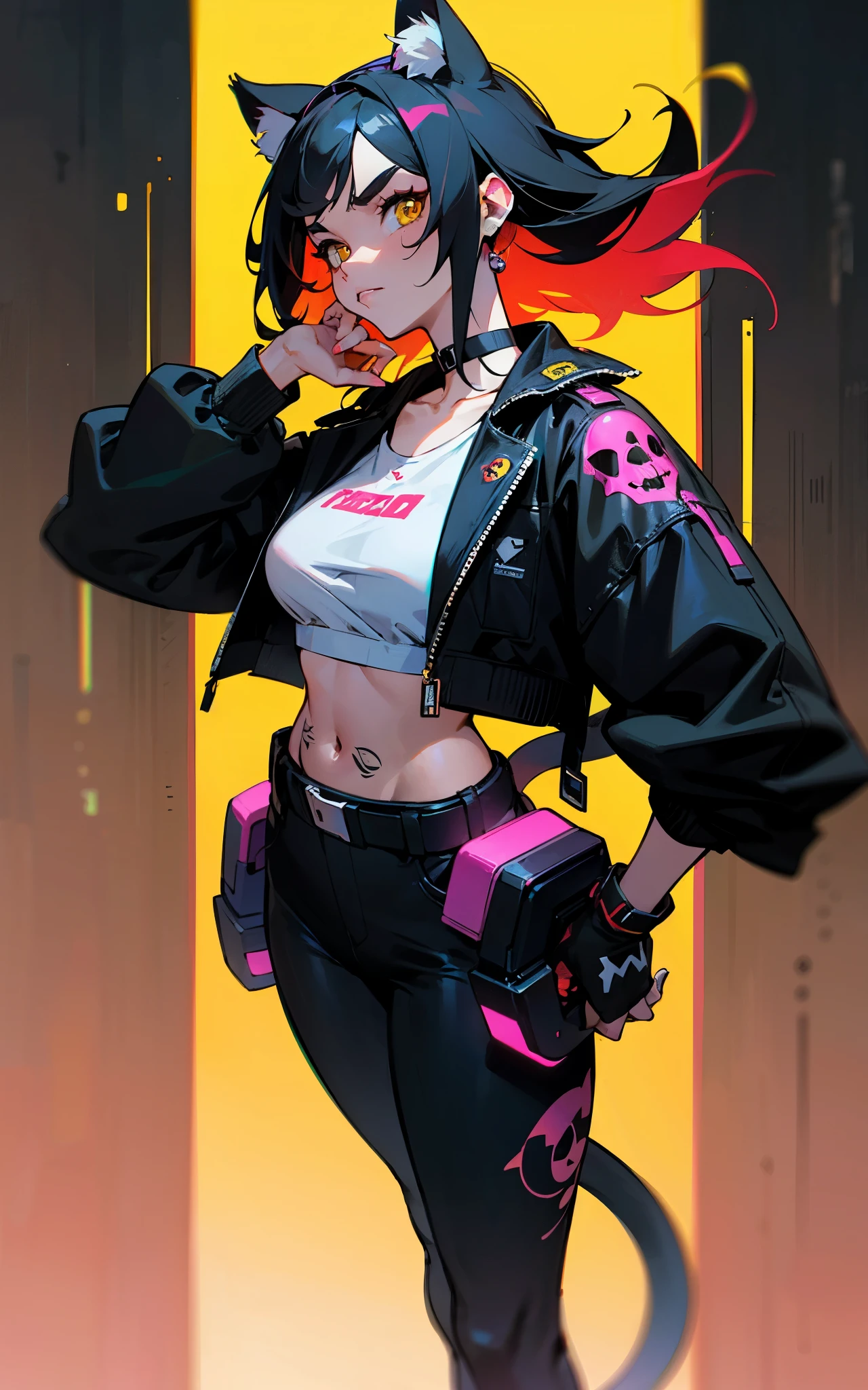 (Evangeline Lilly) Digital illustration featuring a anthropomorphic feline+paws+claw+tail with a striking appearance set against a vibrant, neon-lit urban background. She has human face and black hair with a prominent white streak, styled in a modern. She has yellow eyes. Her skin is fair with a strong complexion, and she has distinct facial features including sharp eyebrows, amber-colored eyes. She wears cat ears on her head, adding a playful yet fierce element to her look. Her attire includes a black choker and a black jacket. A noticeable tattoo of a skull with a gear design is visible on her upper arm. The background is filled with colorful, blurred neon signs in various shapes and sizes, contributing to the cyberpunk aesthetic of the image.
