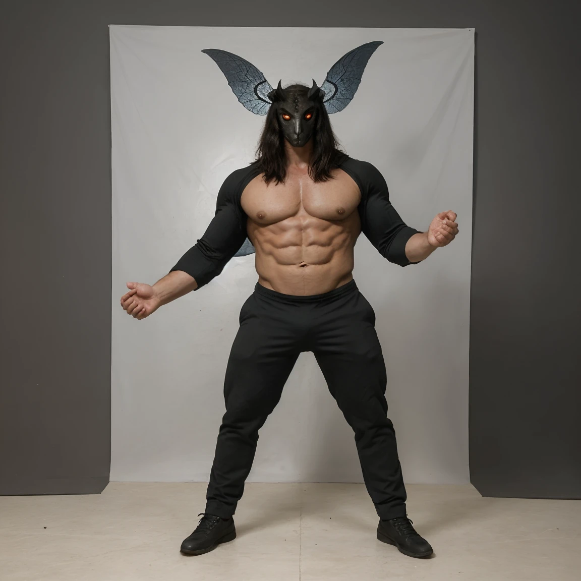 mothman, male, muscular, big belly, mothman shape