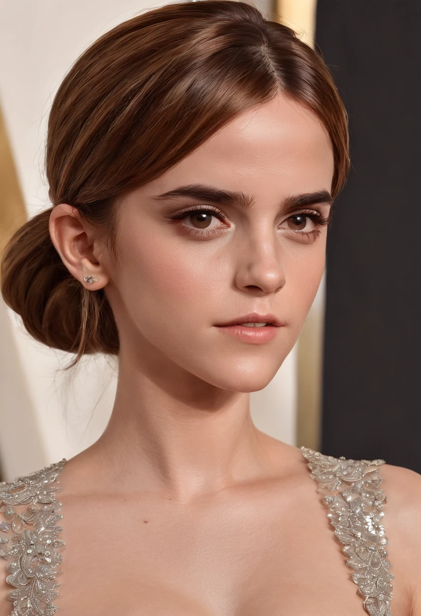 Emma Watson without clothes, (oiled skin:1.5), no bra, pokies, puffies, pointy breasts, hard_nips, low cut neckline, ample cleavage, seductive, cowboy shot, 8k, exposed breasts, huge breasts, (enormous breasts:1.5), (very thin waist:1.3), hourglass figure, long hair