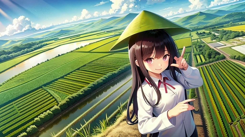 View from the summit,Small seedlings growing in rice paddies,Rice cultivation,Rice transplanter,Poor quality work clothes,Long sleeves and trousers,Ai Fukuhara,Purple long hair,Large Breasts,V sign,最高のsmile,smile,Vietnamese hat