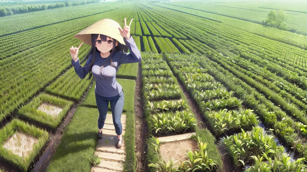 View from the summit,Small seedlings growing in rice paddies,Rice cultivation,Rice transplanter,Poor quality work clothes,Long sleeves and trousers,Ai Fukuhara,Purple long hair,Large Breasts,V sign,最高のsmile,smile,Vietnamese hat