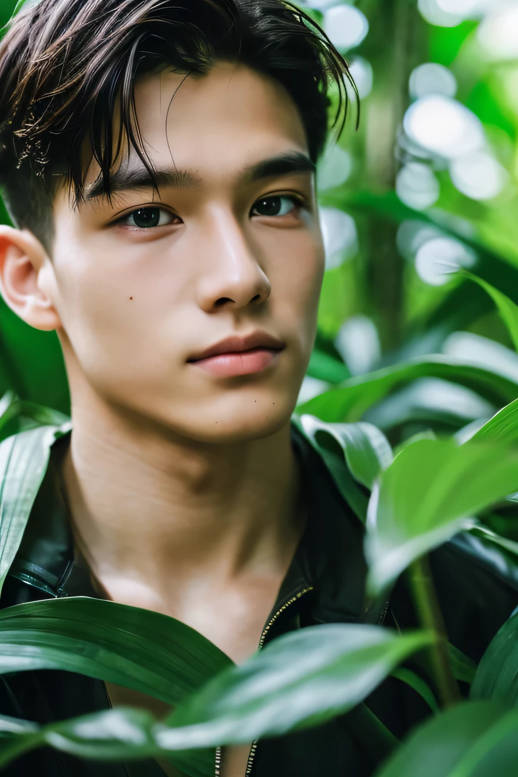 Highest quality, masterpiece, Ultra-high resolution, (Realistic: 1.4), Original photo, wallpaper, Head Photo, skin, Simple Background, Iris, detailed, Selfie, 1 boy, 18-year-old, good looking, Wind,jungle