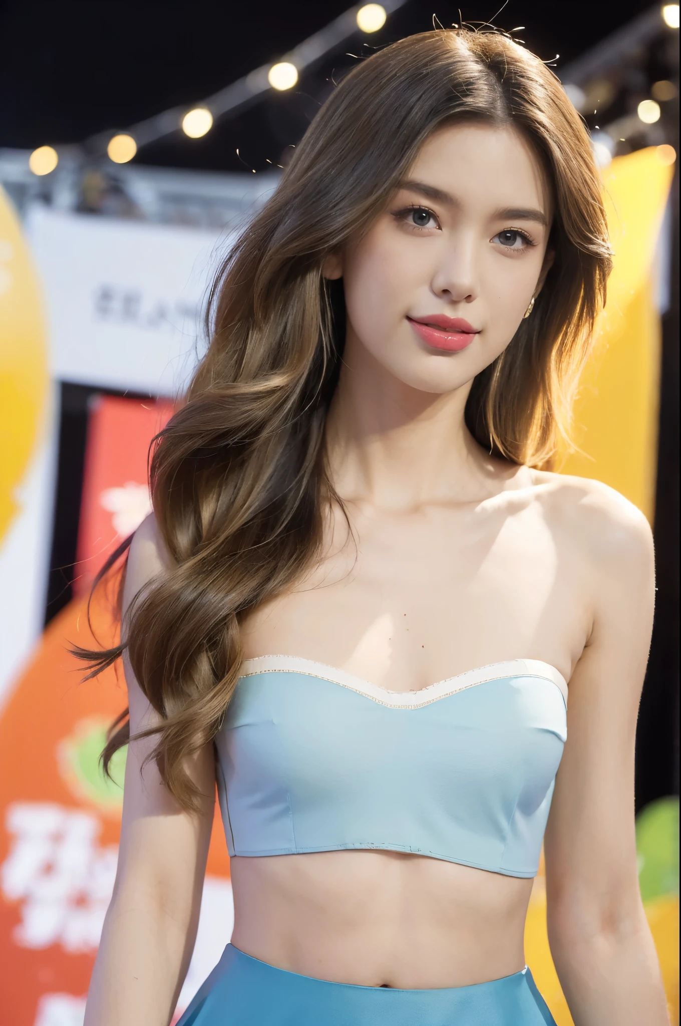 (((best quality))),(((ultra detailed))),(((masterpiece))),illustration,((a beautiful girl,solo)),(shoulder length straight hair:1.2),((slim,thin)),((small breasts,flat chest,claviclis,navel)),(strapless [blue|white] bra:1.5),(standing:1.3),(on the stage:1.3),((outside a shopping mall, at the entrance of a beer promotional event)),((surrounded by crowded crowds)),((hair and skirt fluttering in the air)),expressive eyes,infectious smile,the stage adorned with colorful decorations,vibrant atmosphere,(night scene:1.3),(from front:1.3),(close-up of face:1.3),