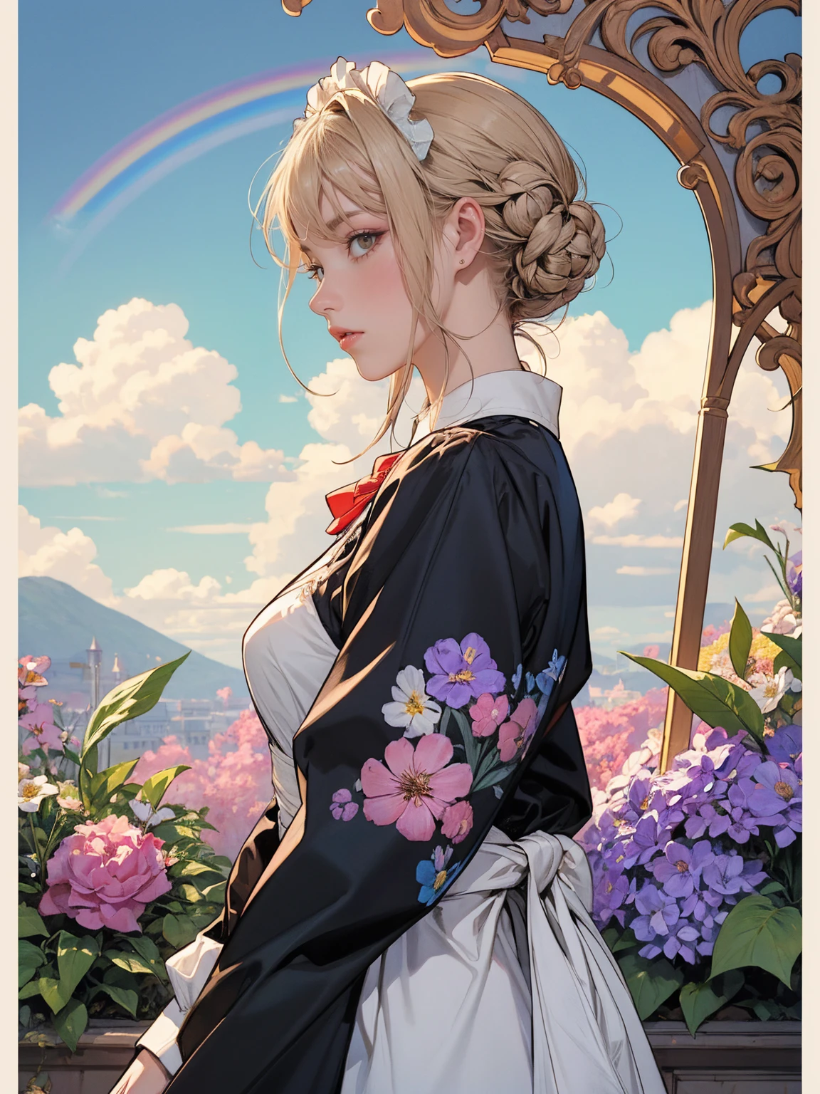 (masterpiece:1.1),(super realistic:1.0)(extremely detailed, intricate details, highres,2.5d:1.1),(profile photo), 1girl, (medium shot), beautiful woman,(Violet Evergarden:1.3), makeup, large breasts,(eye line:1.2), mascara, BREAK (bowtie), (Detailed Maid:1.4),crepe_fabric_Detailed_Clothes,puffies_long_Detailed_sleeves, soft shadow to face, BREAK (background is pale tone:1.4), (background is beautiful gorgeous garden), (lot of flower), Create a luxurious atmosphere, organic shape and Nature-inspired garden, BREAK (Art Nouveau:1.4), flowing lines, organic shape, complex pattern, (elegant forms, Natural Inspiration),(Wonderland, Fantasy,:1.3),(Rainbow,flower tree,sweets Clouds:1.5),(yumekawa,yumekawaii,pastel color:1.3),(sweets garden:1.3),(land of sweets,confections,rainbow arch:1.3),(Sugar confectionery,round rainbow frame:1.3),bloom,blue sky,