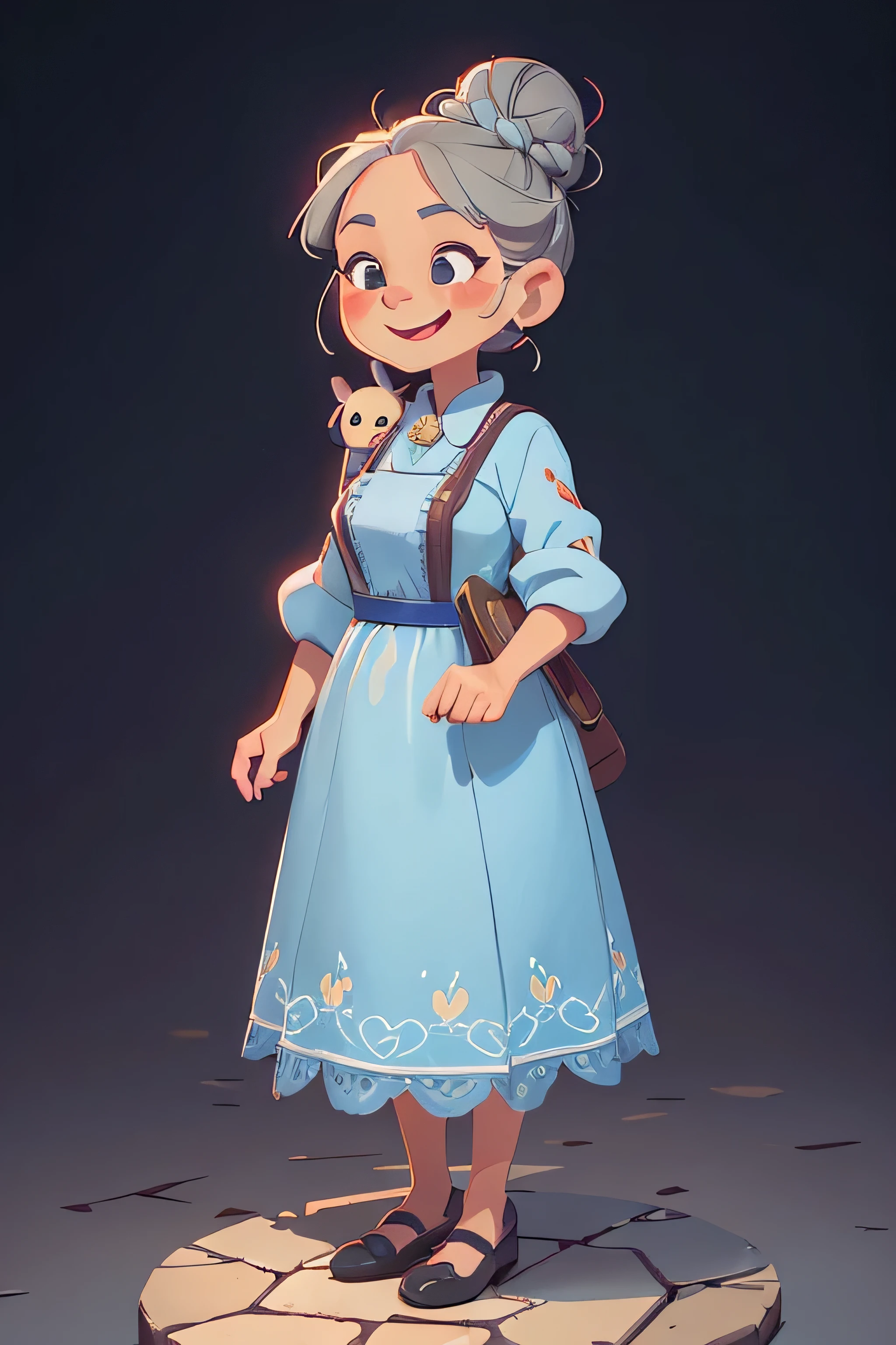 one person, a grandmother, old people, with greeting hand, perfect hand, smiling face, extremely detailed old eyes and face, with wrinkle, beautiful detailed lips, kind personality, full body, vector art, illustrator art style, with normal dress, simple dress, front side view, with grey hair, one bun hairstyle, with greeting pose, with standing pose, simplicity, (best quality, 4k, 8k, masterpiece:1.2), ultra-detailed, vivid colors, soft lighting