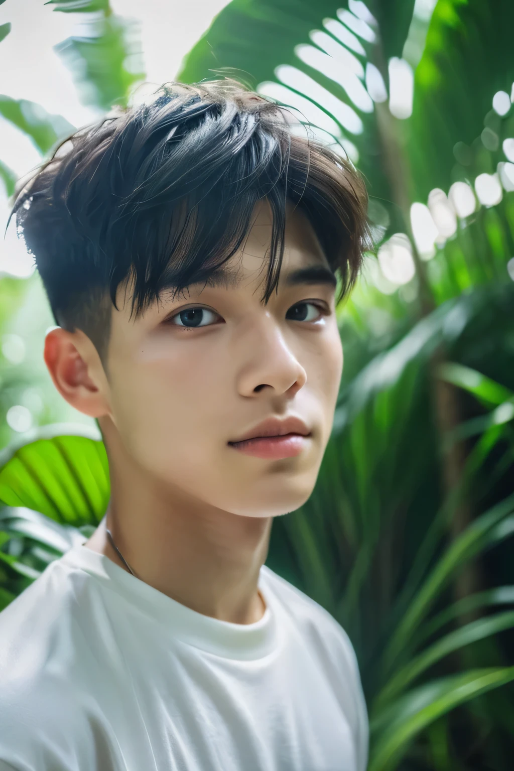 Highest quality, masterpiece, Ultra-high resolution, (Realistic: 1.4), Original photo, wallpaper, Head Photo, skin, Simple Background, Iris, detailed, Selfie, 1 boy, 18-year-old, good looking, Wind,jungle