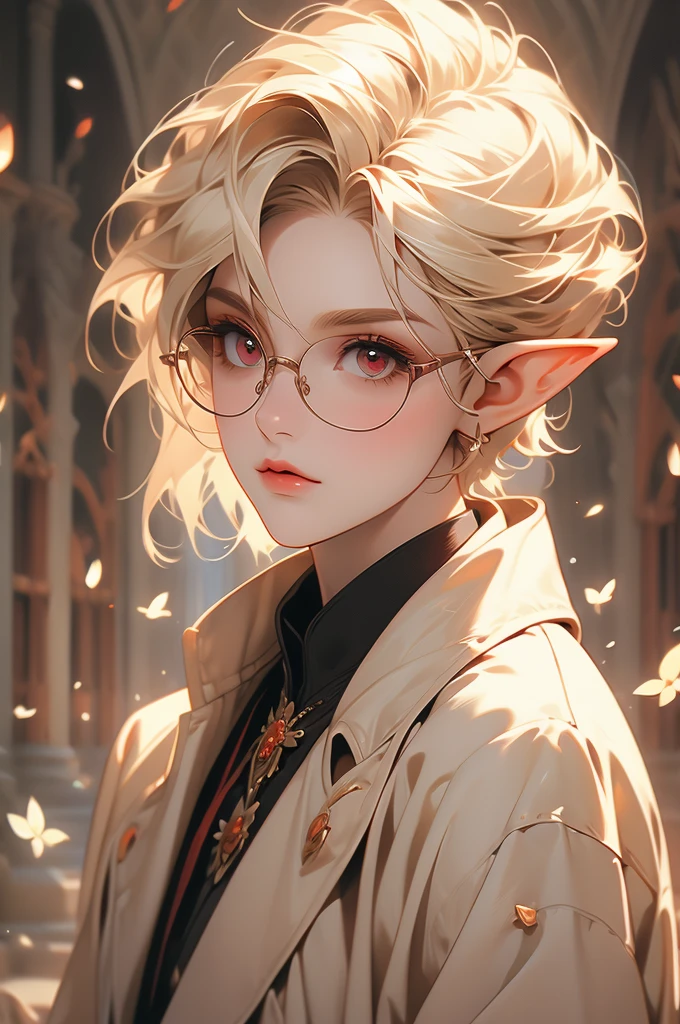 short blonde hair, elf, fancy coat, noble clothing, red eyes, glasses, girl