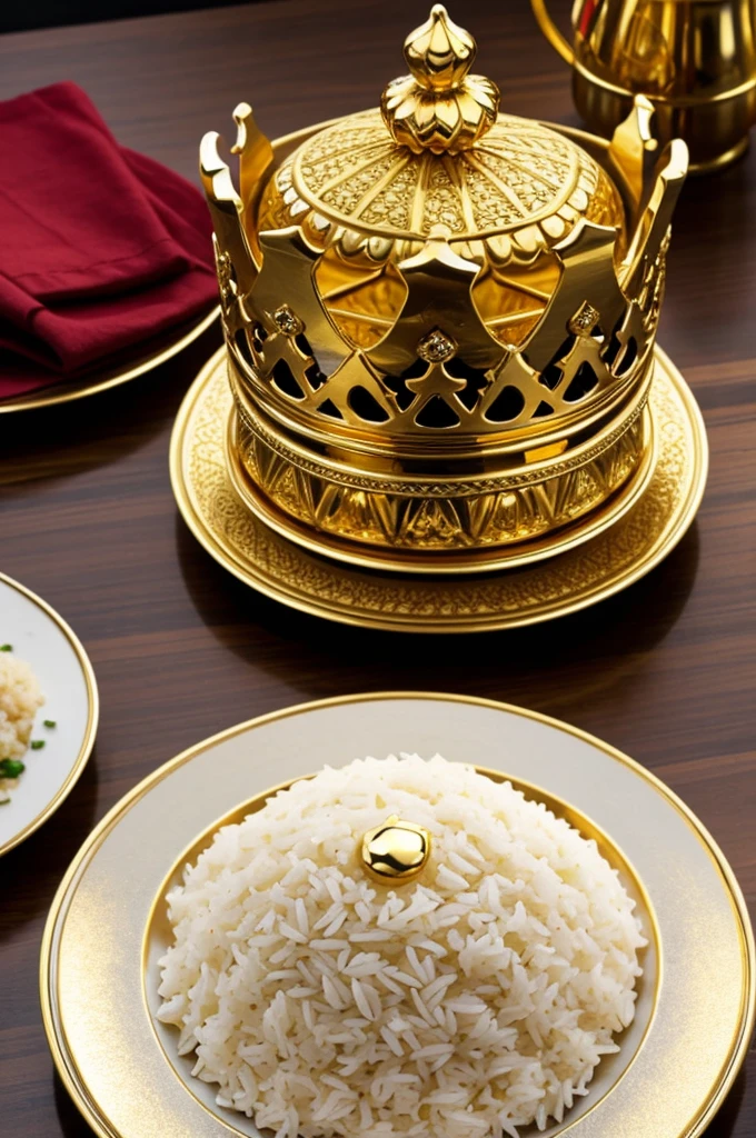 a golden crown on top of a plate that is full of rice