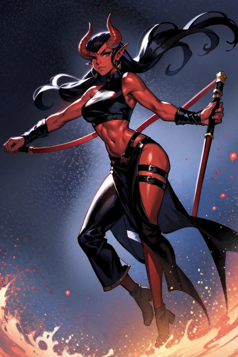 Red skin succubus tiefling, medium breasts, black horns, wings, huge tail, black leather, crop top, long flowing pelvic curtain, tall, toned, graceful, thin, long black ponytail. Action scene, whip. Dark scene, explosions, night sky.