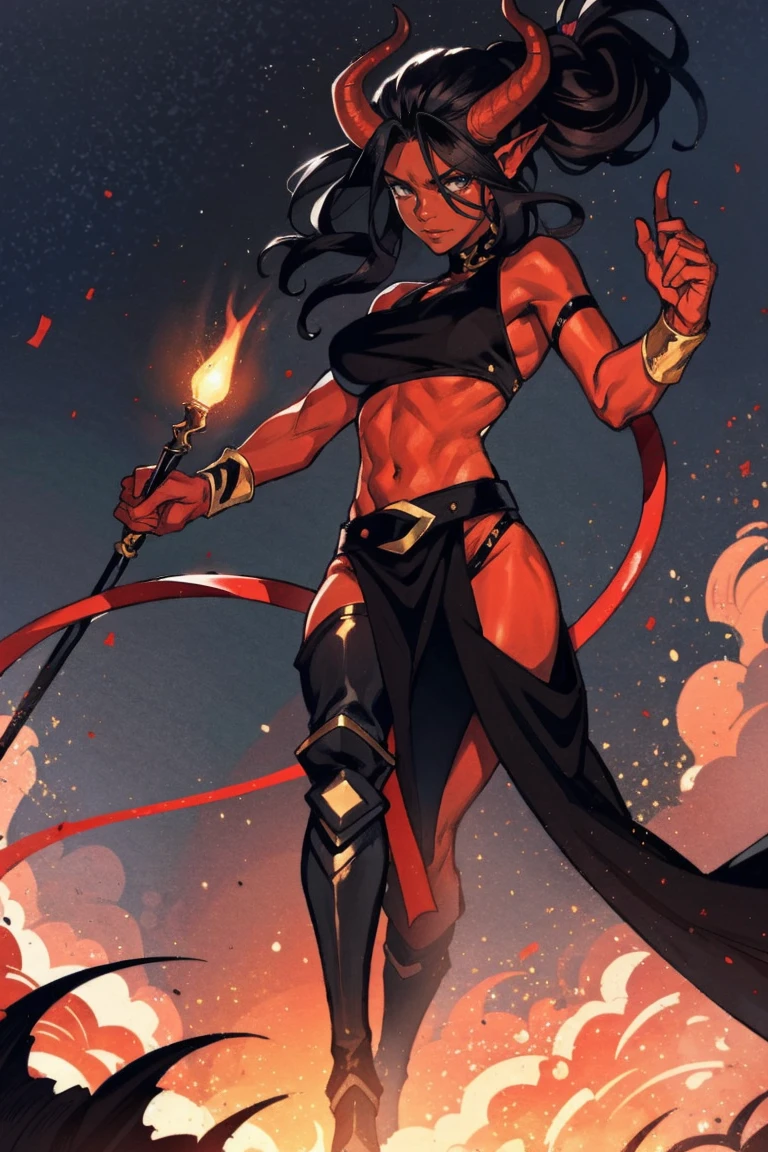 Red skin succubus tiefling, medium breasts, black horns, wings, huge tail, black leather, crop top, long flowing pelvic curtain, tall, toned, graceful, thin, long black ponytail. Action scene, whip. Dark scene, explosions, night sky.