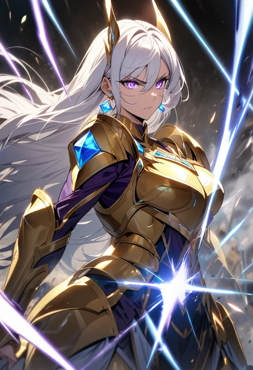 woman, blue eyes, long hair, white hair, mature, god eyes, diamond earings, glowing right eyes, two colors eyes, purple eyes, golden armor, determination