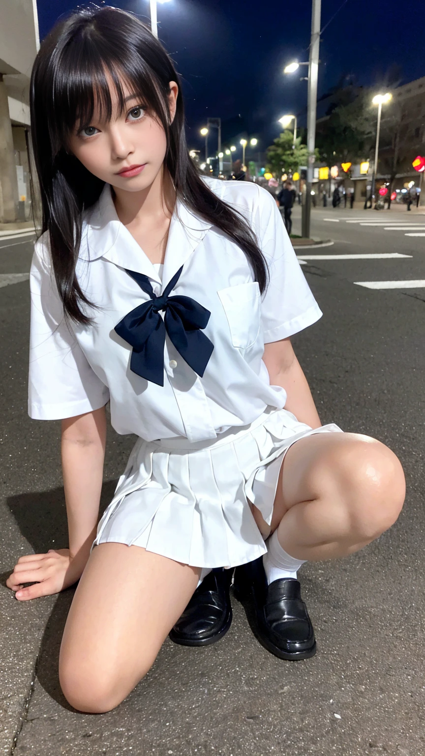 1 Female、(so beautiful)、(Beautiful Face:1.5)、The outline of the pubic area is clear、squat、Spread your legs、(White panties:1.4)、(High School Uniform)、(Dark blue pleated skirt)、(Wear black loafers)、(Shibuya sidewalk at night)、Neon Signs、(At S.F.W.:1.1)