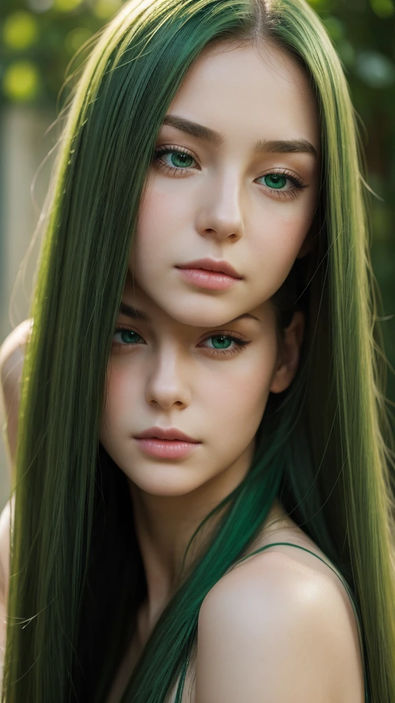 a girl.  face sent feeling.  Europe.  Oval face.  long face.  delicate facial features.  half-closed eyes.  seductively seductive.  green eyes.  long straight hair.  green hair.  sad expression