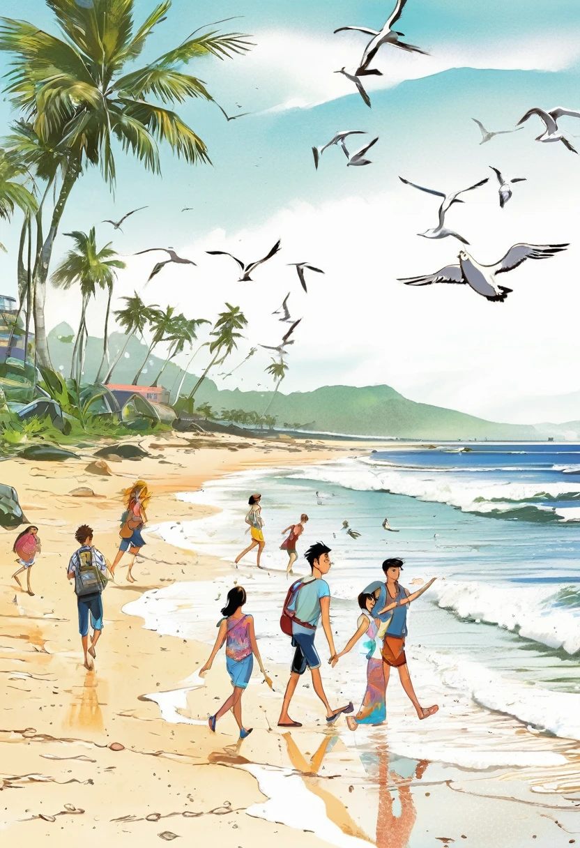 a group of s were walking on the beach in the morning, with footprints scattere the sand. and seagulls from a distance as well as coconut trees.manga style, digital art, by Marshall Arisman, cover illustration, 70mm, 7 0 mm, 70 mm, book cover illustration, by Brigette Barrager, album cover, novel cover art for a book, art concept for a book cover, cover art, 7 feet tall,