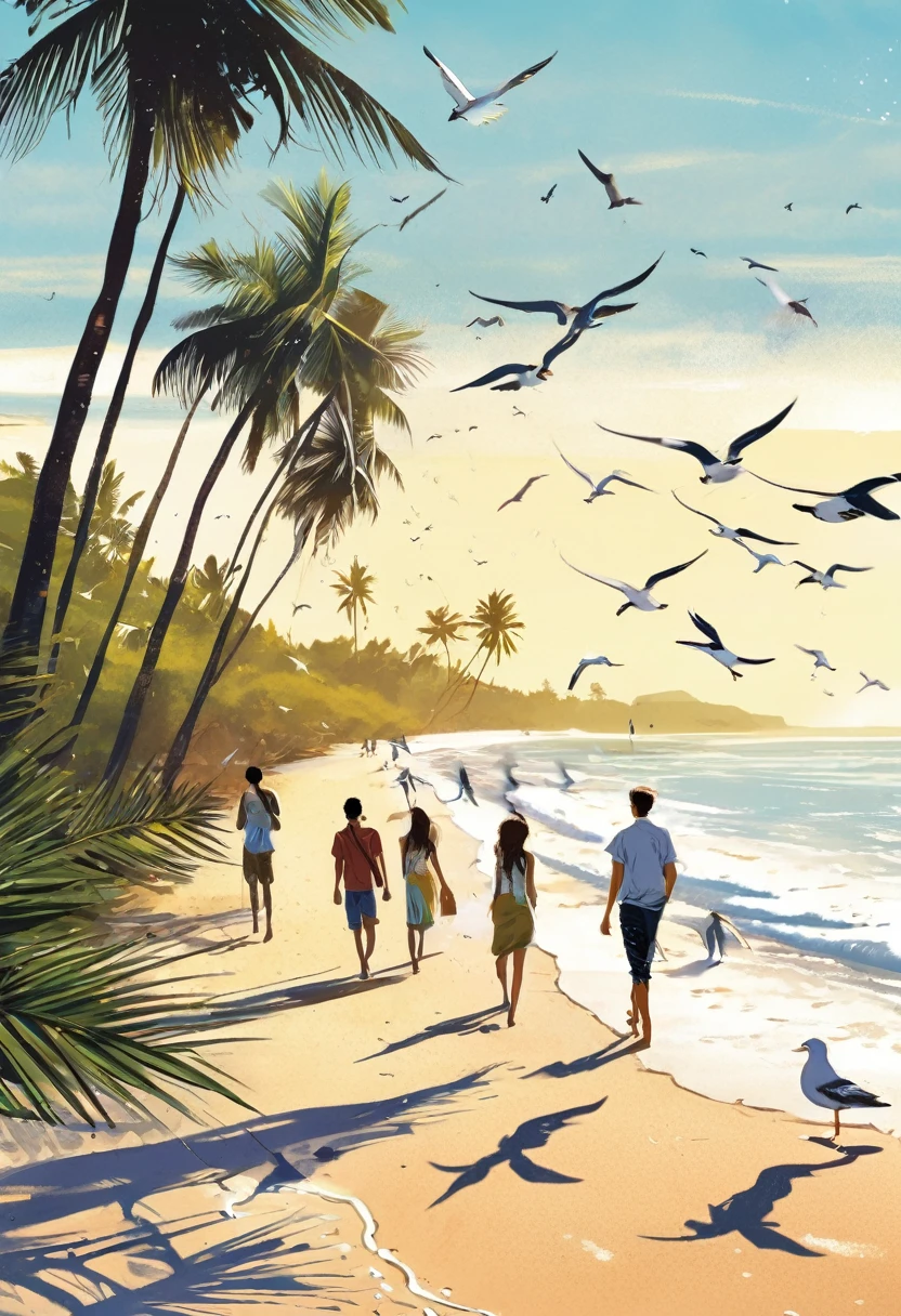 a group of teenagers were walking on the beach in the morning, with footprints scattered on the sand. and seagulls from a distance as well as coconut trees.manga style, digital art, by Marshall Arisman, cover illustration, 70mm, 7 0 mm, 70 mm, book cover illustration, by Brigette Barrager, album cover, novel cover art for a book, art concept for a book cover, cover art, 7 feet tall,