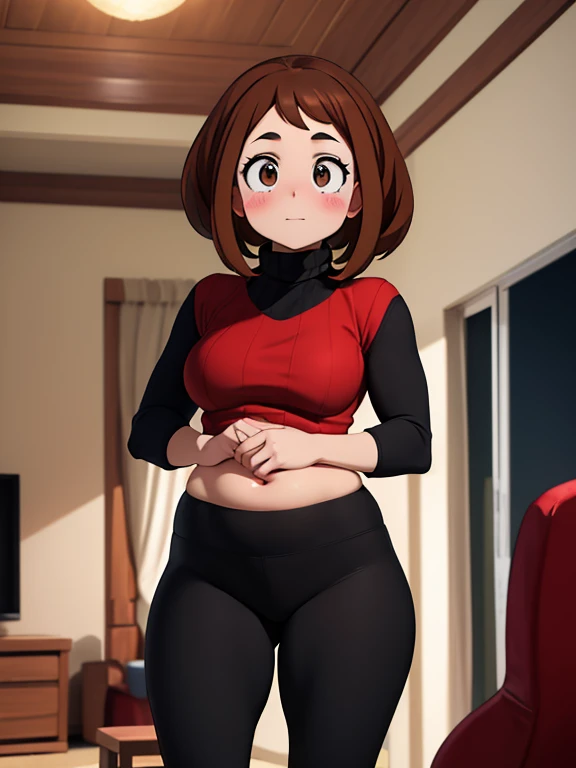 1girl, solo, Imagine Ochaco Uraraka being a 45 year old mother, MILF, brown hair, brown eyes, blush stickers, short hair, Mature Face, brown hair, brown eyes, blush stickers, short hair, medium breasts, curvy female, thick thighs, curvy body, curvaceous belly, small belly, pudgy figure,((Wearing: red turtle-neck sweater, black leggings and ugg boots)), indoors, detailed background, living room, wide shot, (Standing:1.2)